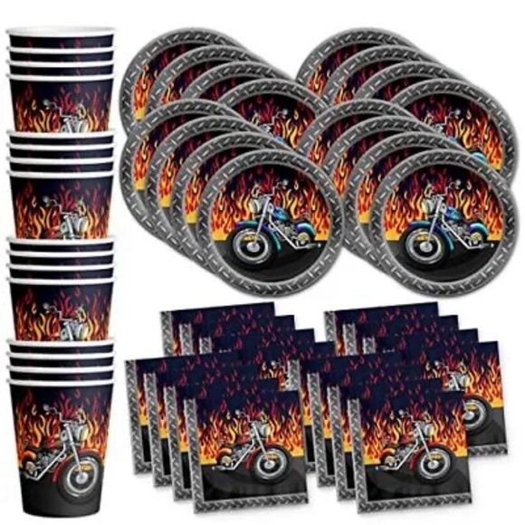 Motorcycle Biker Birthday Party Supplies Set Plates Napkins Cups Tableware Kit - Picture 1 of 7